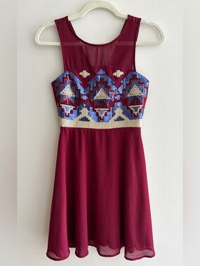 Point Aztec Print Sequin Fit & Flare Flowy Chiffon Dress, Red/Blue/Gold, Size S